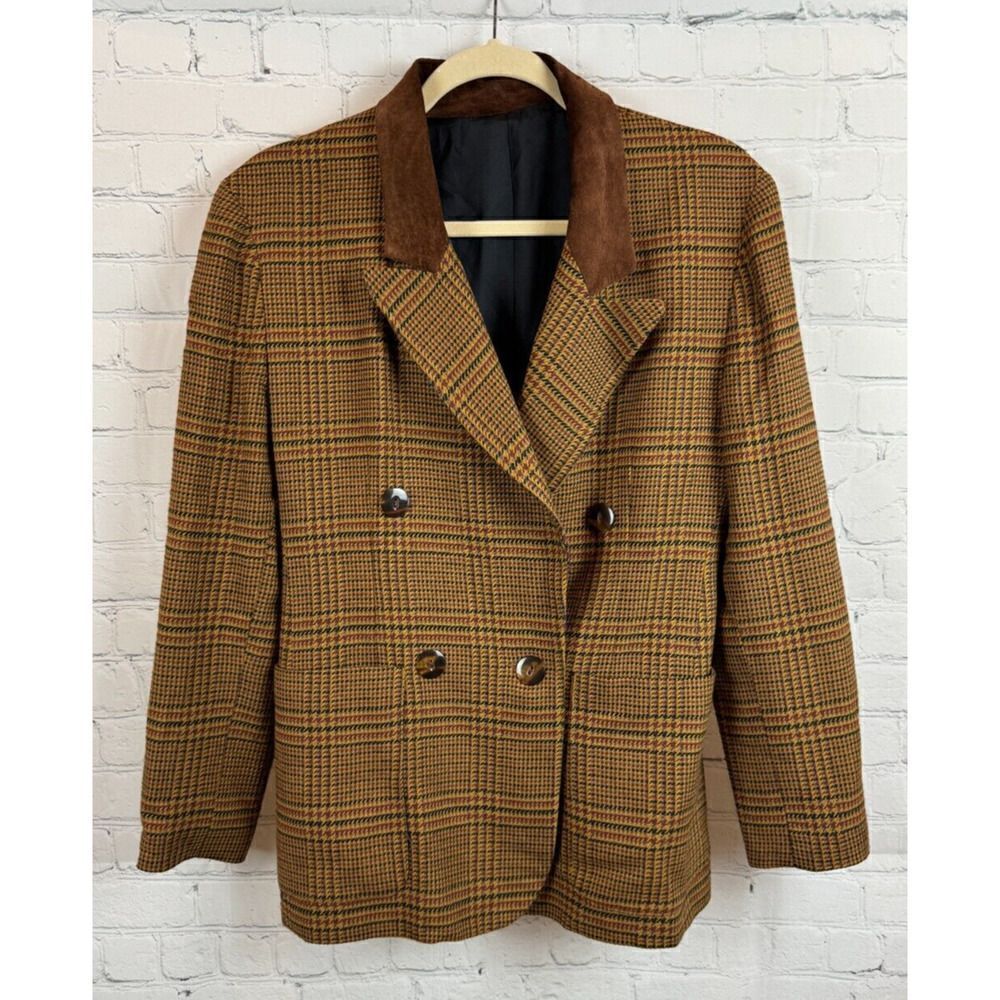 FORENZA vintage beige wool blend leather suede collar houndstooth check jacket 4